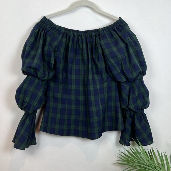 Petersyn Sasha Plaid Blouse Western Prairie XS Navy Green Puff Sleeve - Picture 5 of 9